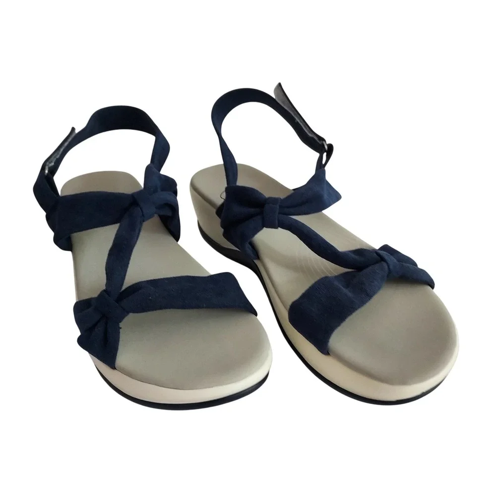 Navy Blue Bow Platform Wedge Sandals Slingback Comfort Shoes Womens 9